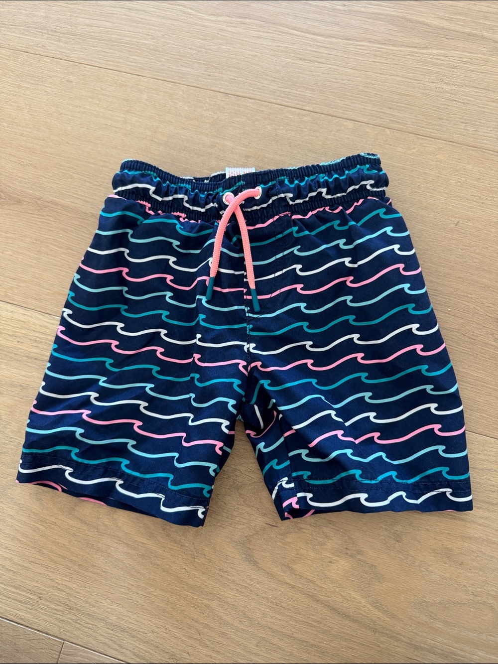 Cat & Jack Navy Wave-Print Swim Shorts with Pink Drawstring